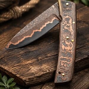 Handmade Damascus Folding Knife | Custom Pocket Knife | Copper Damascus Handle | EDC Hunting Camping Knife | Gift for Him