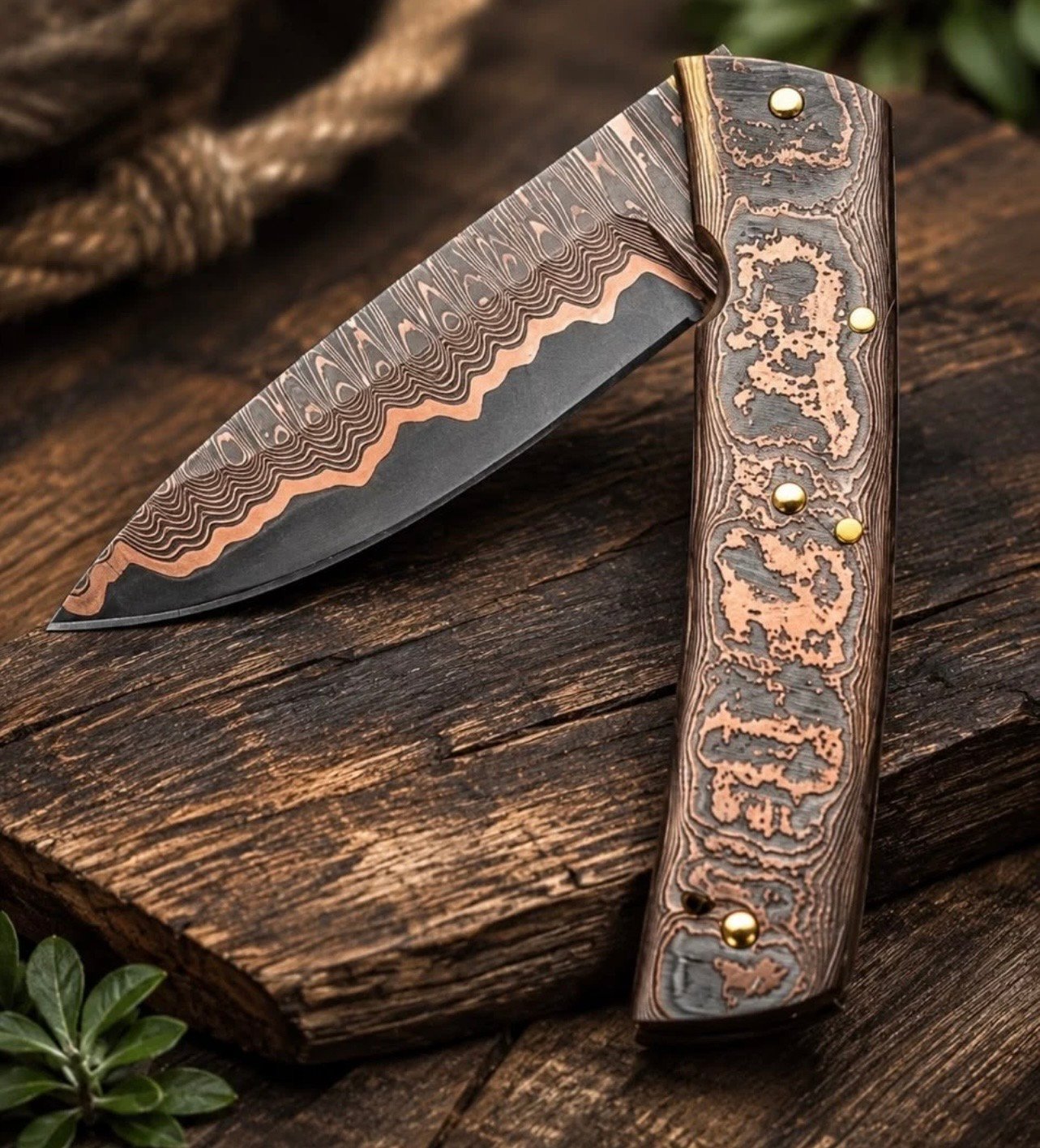 Handmade Damascus Folding Knife | Custom Pocket Knife | Copper Damascus Handle | EDC Hunting Camping Knife | Gift for Him