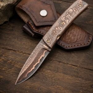 Alternative view of Handmade Damascus Folding Knife | Custom Pocket Knife | Copper Damascus Handle | EDC Hunting Camping Knife | Gift for Him