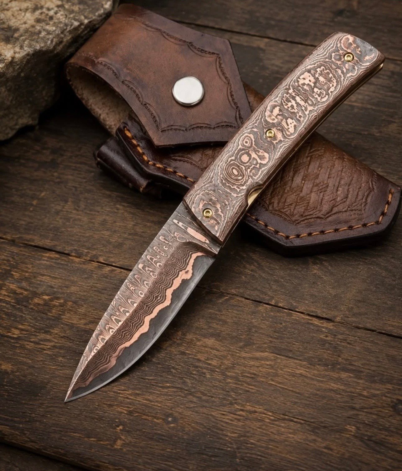 Handmade Damascus Folding Knife | Custom Pocket Knife | Copper Damascus Handle | EDC Hunting Camping Knife | Gift for Him - Image 2