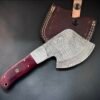 Handmade Damascus Steel Skinning Knife | Custom Hunting Cleaver | Purple Wood Handle | Full Tang Bushcraft Knife with Leather Sheath