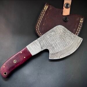 Handmade Damascus Steel Skinning Knife | Custom Hunting Cleaver | Purple Wood Handle | Full Tang Bushcraft Knife with Leather Sheath