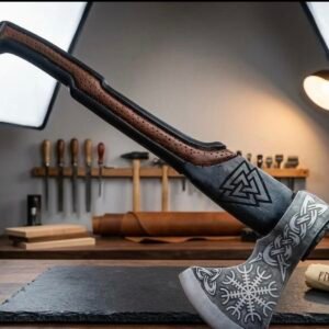 Handmade Viking Axe with Engraved Norse Runes, Valknut Symbol & Leather-Wrapped Handle