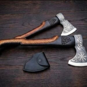 Alternative view of Handmade Viking Axe with Engraved Norse Runes, Valknut Symbol & Leather-Wrapped Handle