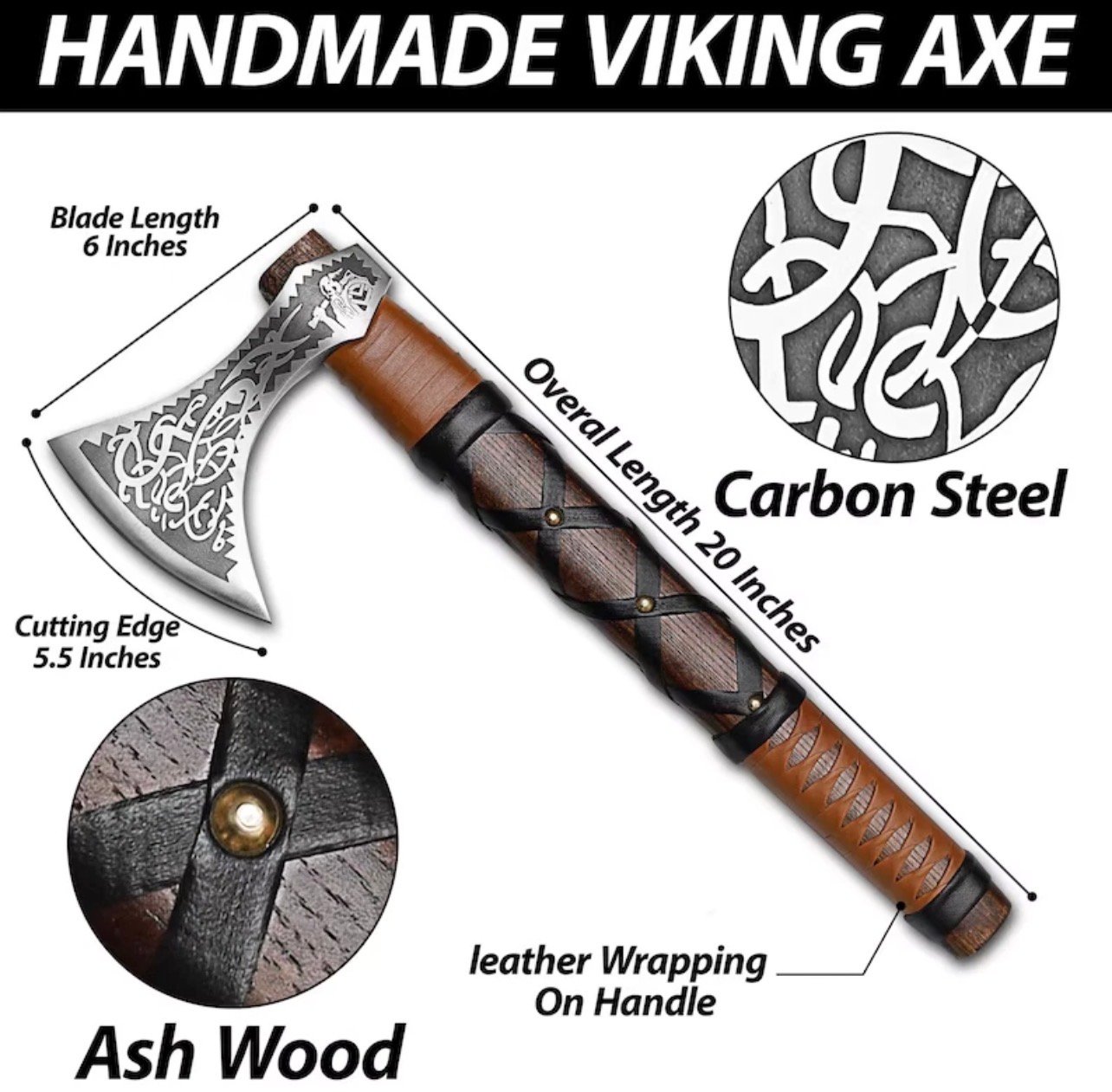 20-Inch Handmade Carbon Steel Viking Axe with Wooden Handle - Image 2