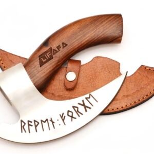 Alternative view of Handmade Viking Ulu Knife with Wooden Handle – Engraved Stainless Steel Rocking