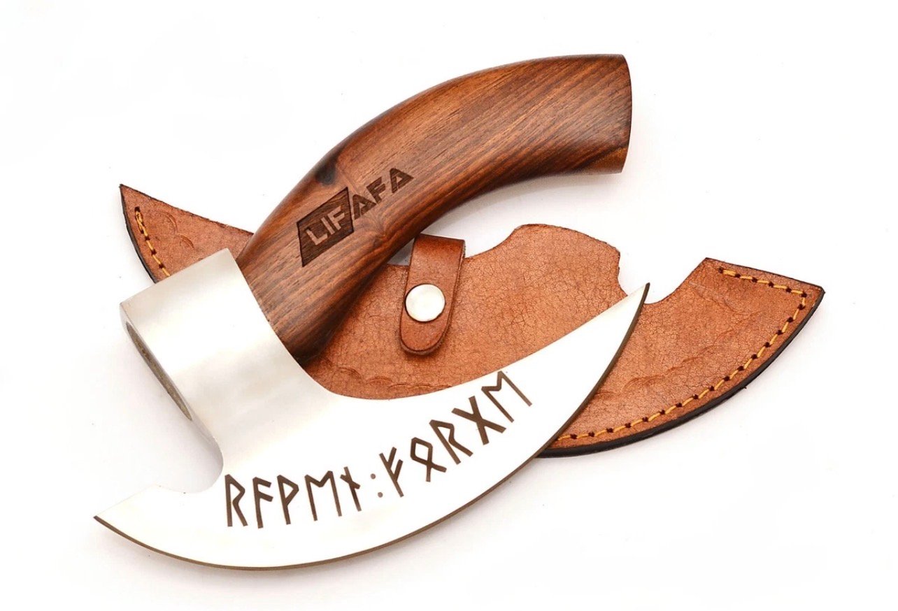 Handmade Viking Ulu Knife with Wooden Handle – Engraved Stainless Steel Rocking - Image 2