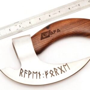 Handmade Viking Ulu Knife with Wooden Handle – Engraved Stainless Steel Rocking