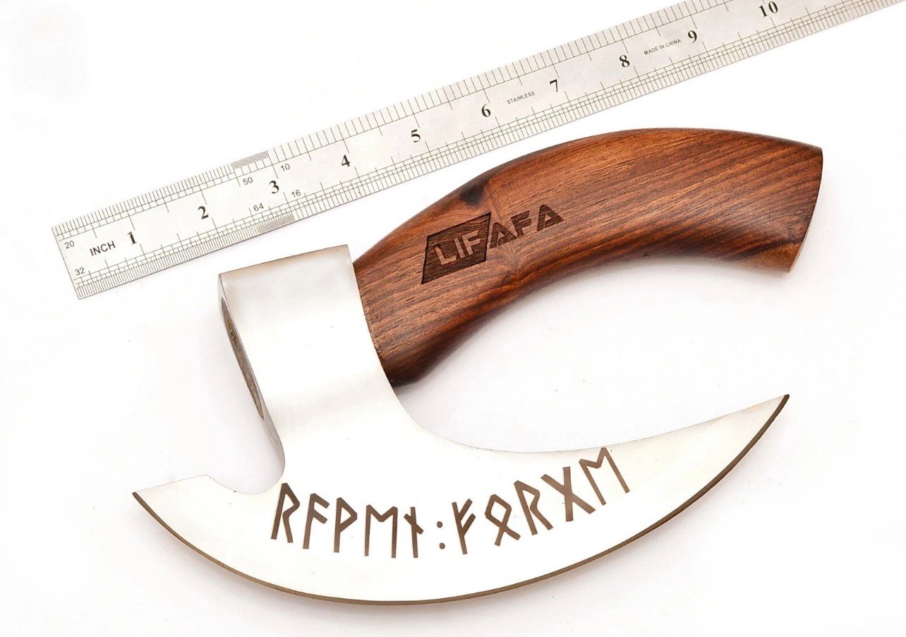 Handmade Viking Ulu Knife with Wooden Handle – Engraved Stainless Steel Rocking