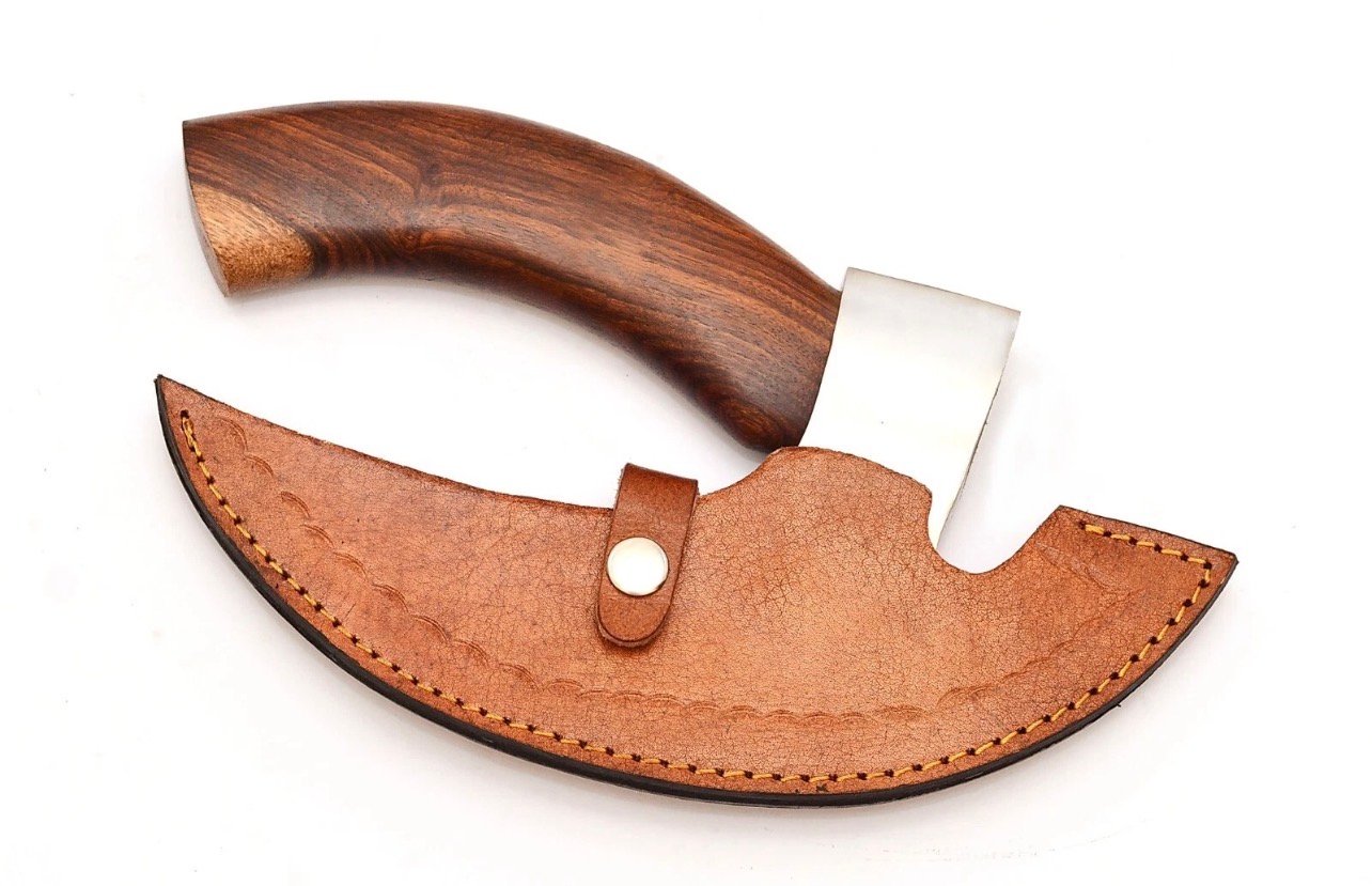 Handmade Viking Ulu Knife with Wooden Handle – Engraved Stainless Steel Rocking - Image 3