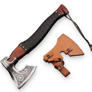 Handmade Viking Axe with Acid-Etched Norse Motifs, Leather-Wrapped Wooden Handle & Sheath