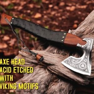 Alternative view of Handmade Viking Axe with Acid-Etched Norse Motifs, Leather-Wrapped Wooden Handle & Sheath