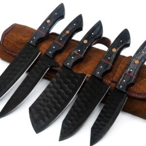 Handcrafted Forged Kitchen Knife Set – 5-Piece High Carbon Steel Chef Knives with Leather Roll