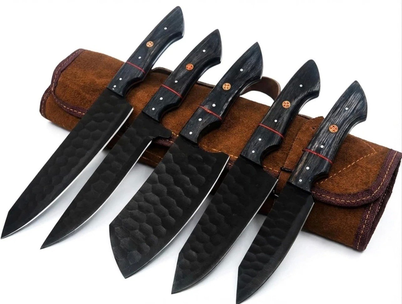 Handcrafted Forged Kitchen Knife Set – 5-Piece High Carbon Steel Chef Knives with Leather Roll