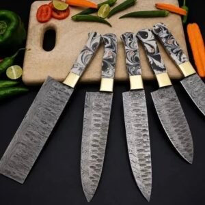 Premium Damascus Kitchen Knife Set – 5-Piece Handmade Chef Knives with Resin Handles