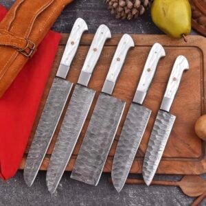 Luxury Damascus Kitchen Knife Set – 5-Piece Handmade Chef Knives with Pearl White Resin Handles