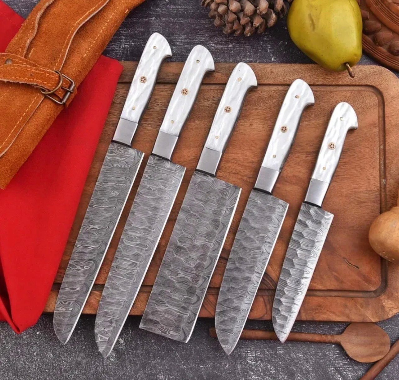 Luxury Damascus Kitchen Knife Set – 5-Piece Handmade Chef Knives with Pearl White Resin Handles