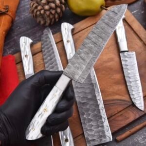 Alternative view of Luxury Damascus Kitchen Knife Set – 5-Piece Handmade Chef Knives with Pearl White Resin Handles