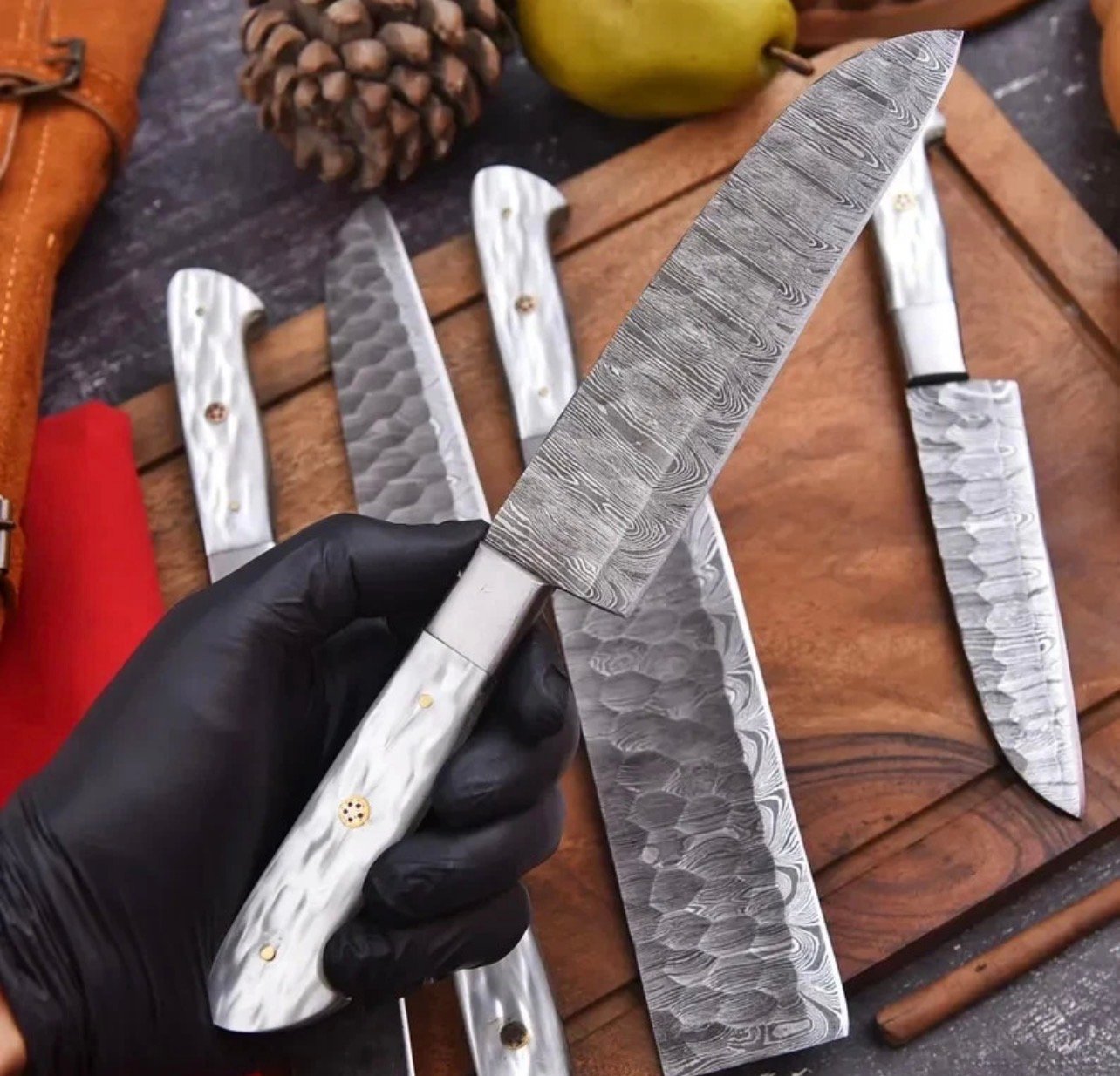 Luxury Damascus Kitchen Knife Set – 5-Piece Handmade Chef Knives with Pearl White Resin Handles - Image 2