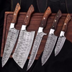 Premium Damascus Kitchen Knife Set – 5-Piece Handmade Chef Knives with Rosewood Handles