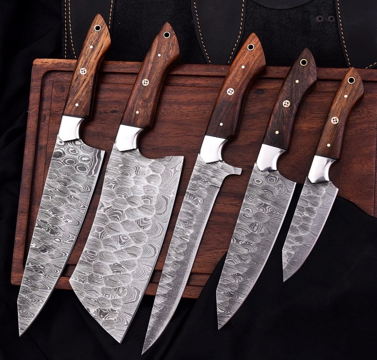 Premium Damascus Kitchen Knife Set – 5-Piece Handmade Chef Knives with Rosewood Handles