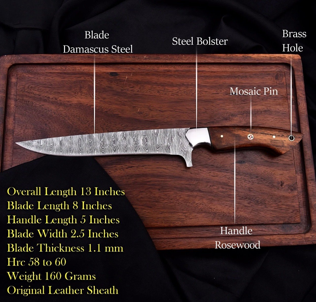 Premium Damascus Kitchen Knife Set – 5-Piece Handmade Chef Knives with Rosewood Handles - Image 4
