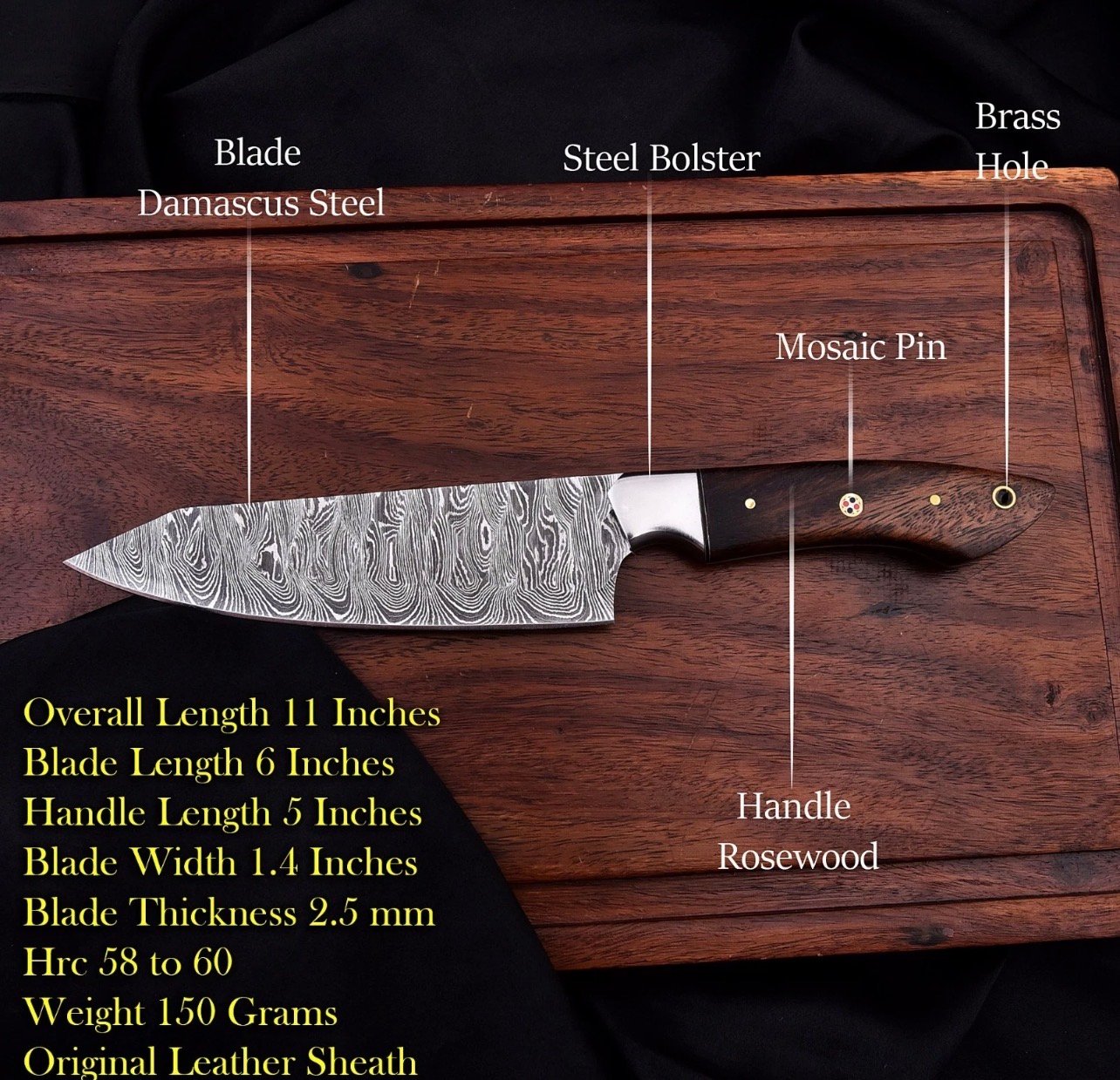 Premium Damascus Kitchen Knife Set – 5-Piece Handmade Chef Knives with Rosewood Handles - Image 3