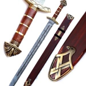 40-Inch Handmade Damascus Viking Sword with Wooden Handle, Brass Guard & Sheath