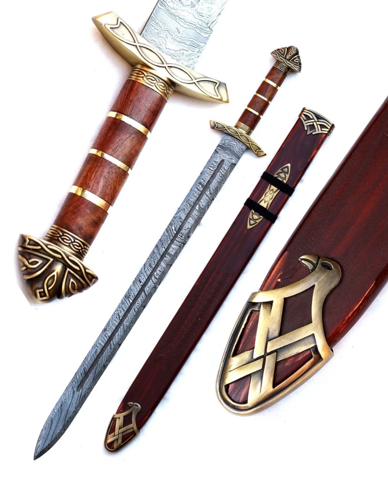 40-Inch Handmade Damascus Viking Sword with Wooden Handle, Brass Guard & Sheath