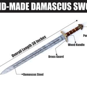 Alternative view of 40-Inch Handmade Damascus Viking Sword with Wooden Handle, Brass Guard & Sheath