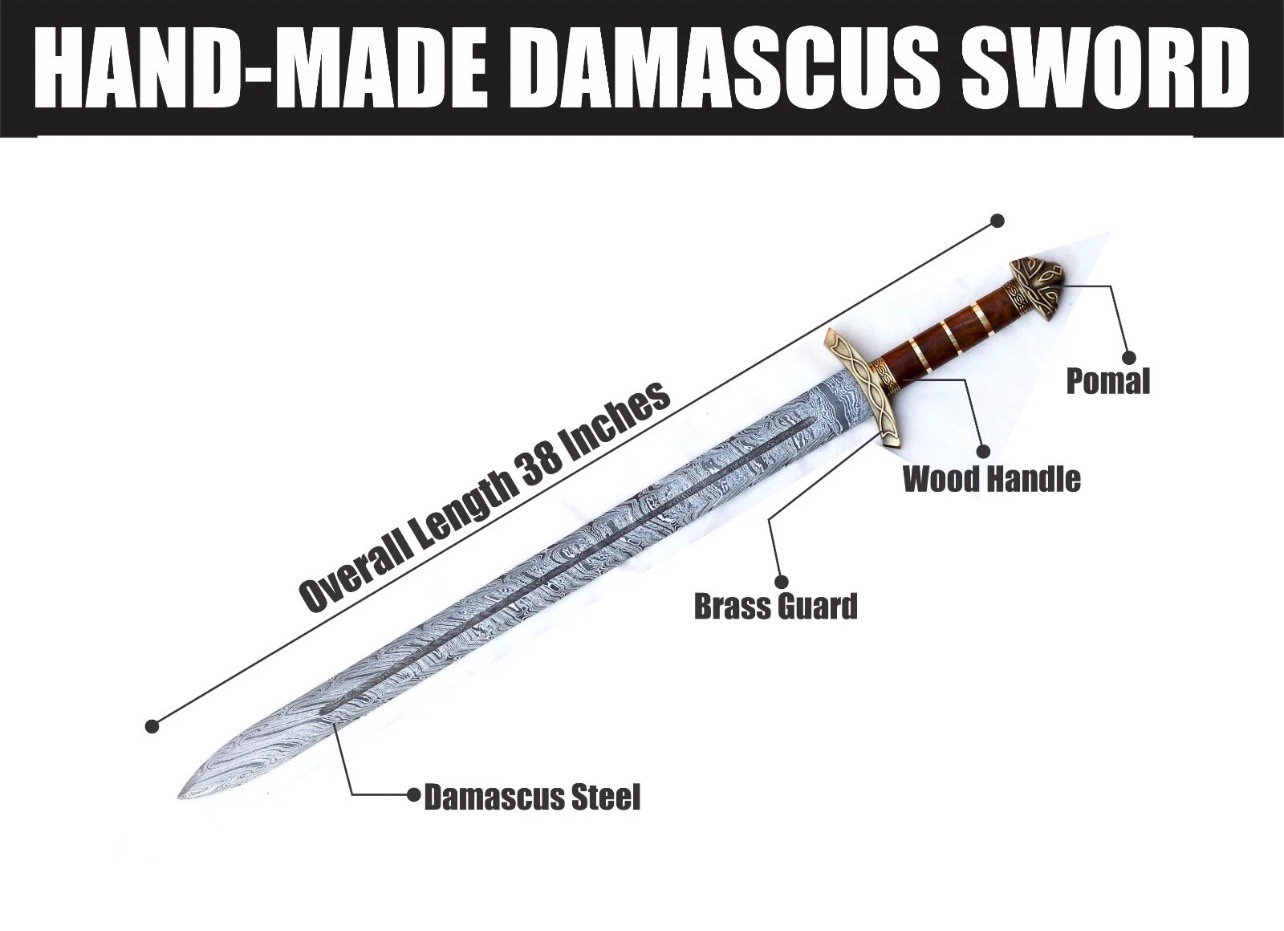 40-Inch Handmade Damascus Viking Sword with Wooden Handle, Brass Guard & Sheath - Image 2