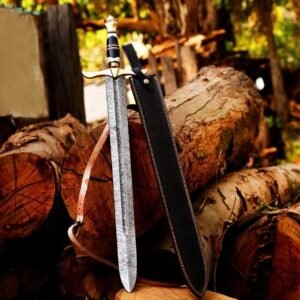 35-Inch Handmade Damascus Steel Medieval Sword with Decorative Guard