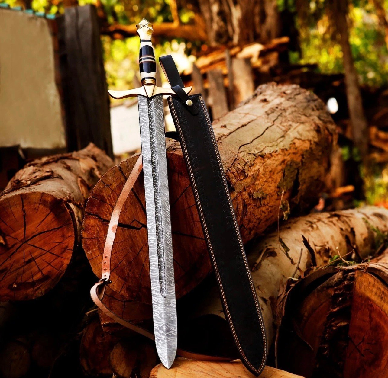 35-Inch Handmade Damascus Steel Medieval Sword with Decorative Guard