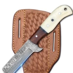 8-Inch Handmade Damascus Steel Bull Cutter Knife with Bone & Wood Handle and Leather Sheath