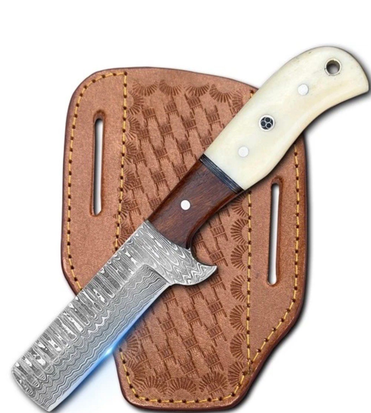 8-Inch Handmade Damascus Steel Bull Cutter Knife with Bone & Wood Handle and Leather Sheath