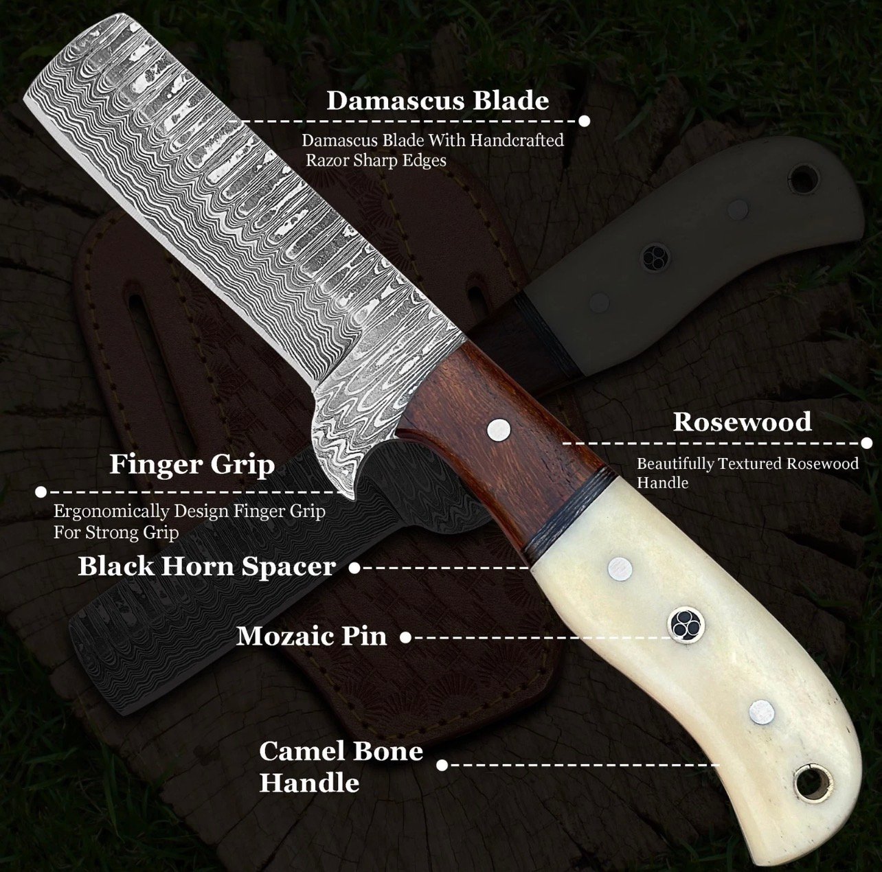 8-Inch Handmade Damascus Steel Bull Cutter Knife with Bone & Wood Handle and Leather Sheath - Image 2